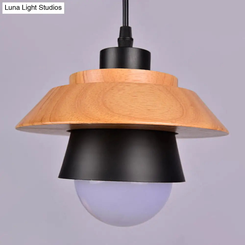 Nordic Saucer Cup Hanging Lamp - Metal & Wood Pendant Light Fixture