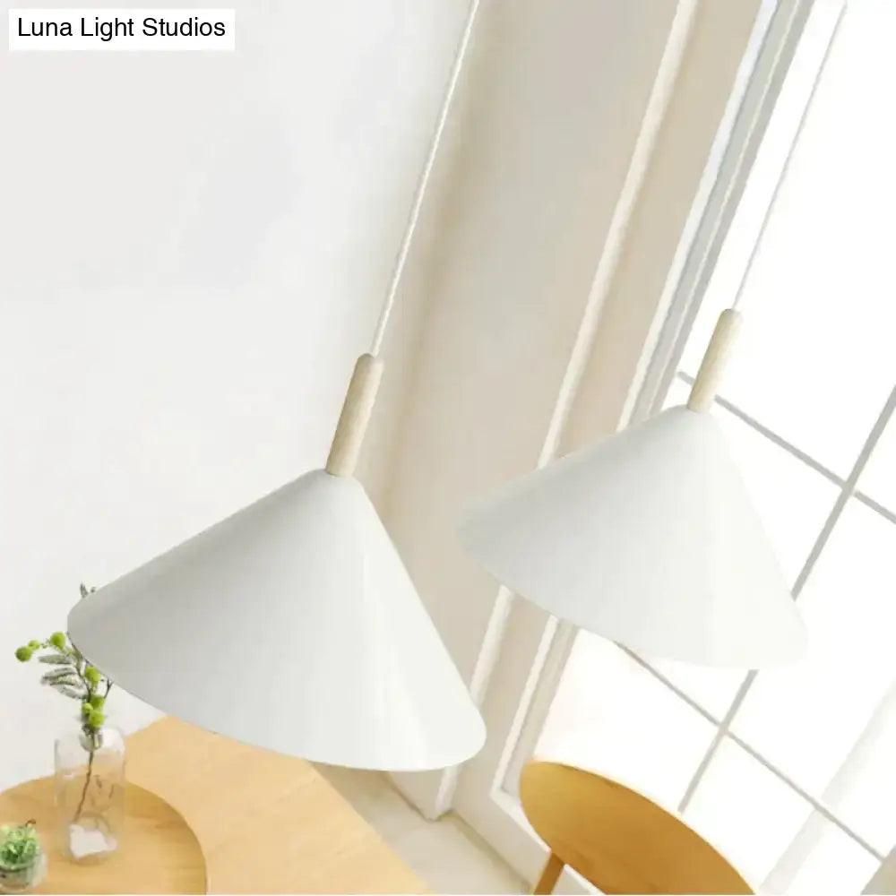 Nordic simple kitchen pendant light featuring white conical matte black LED lamp with wooden fixtures
