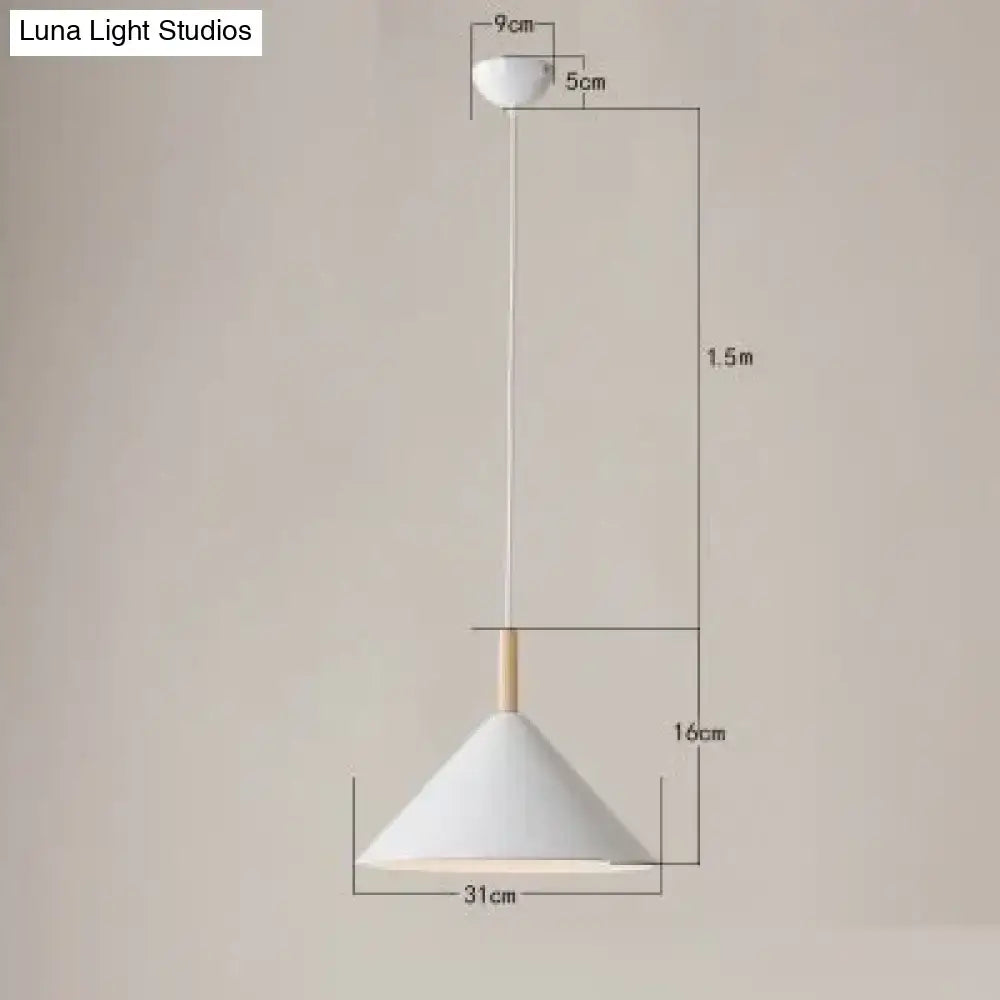 White conical matte black nordic simple kitchen pendant light with wooden accent and minimalist led design