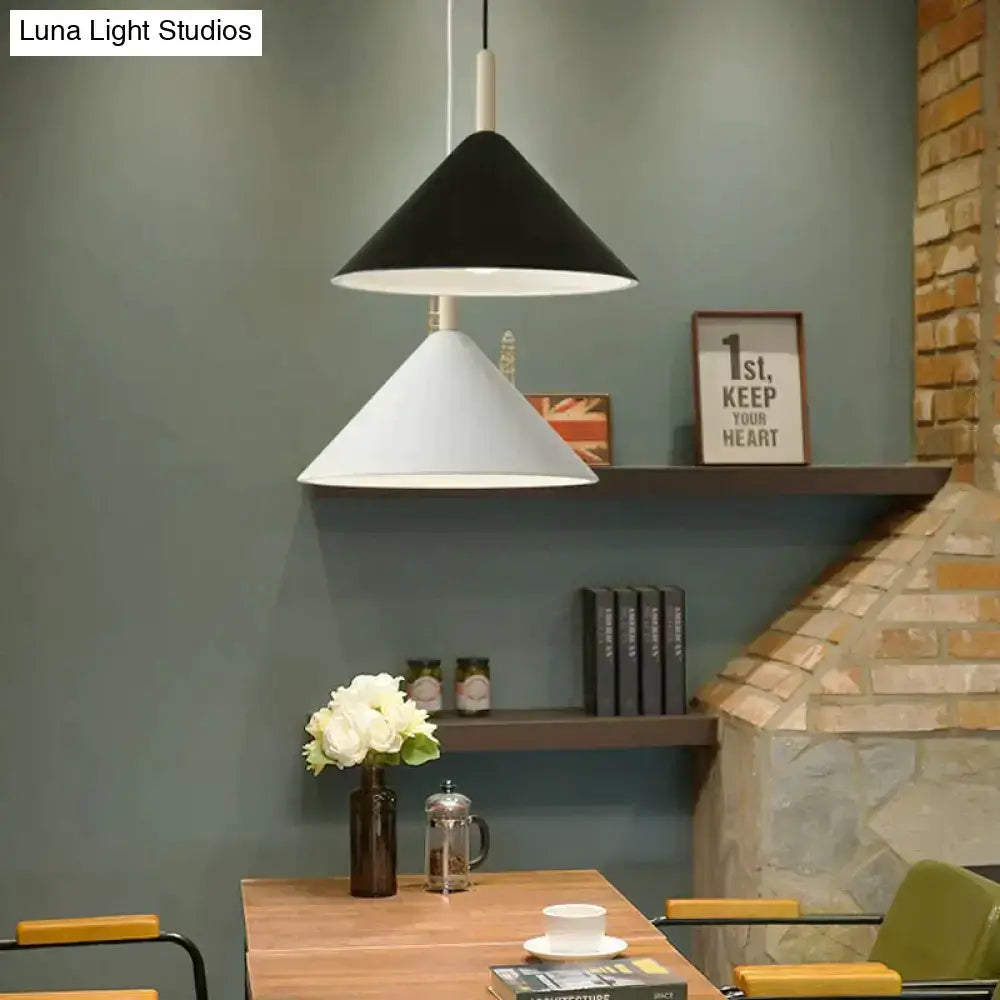 Black and white matte conical nordic simple kitchen pendant light hanging from ceiling with led lamps
