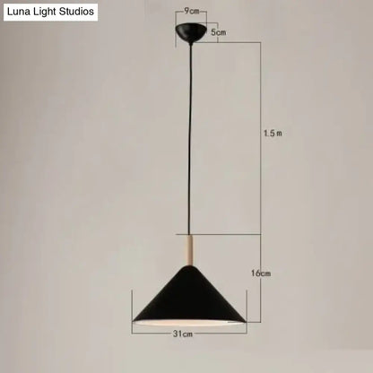 Black conical pendant light with matte finish and wooden accent for nordic simple kitchen pendant illumination