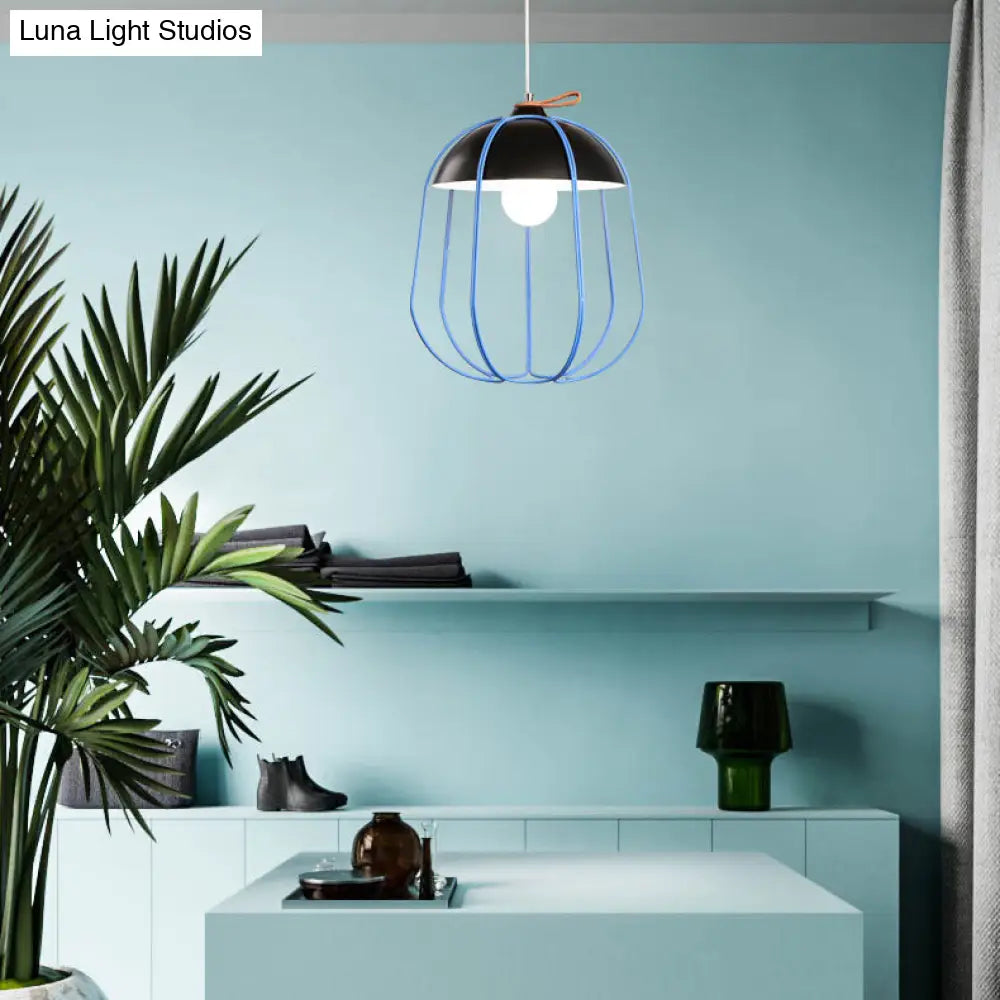 Nordic Single Pendant Light with Wire Guard in Black, Blue, or Orange