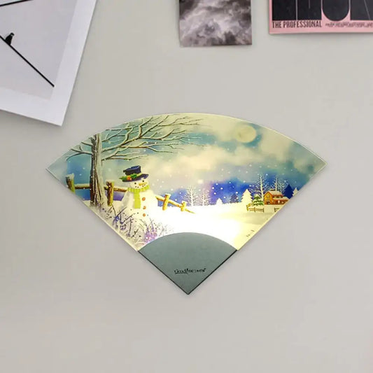 Nordic snowman led fan shaped wall light with winter scene of snowman and moonlit snowy landscape for bedroom decor