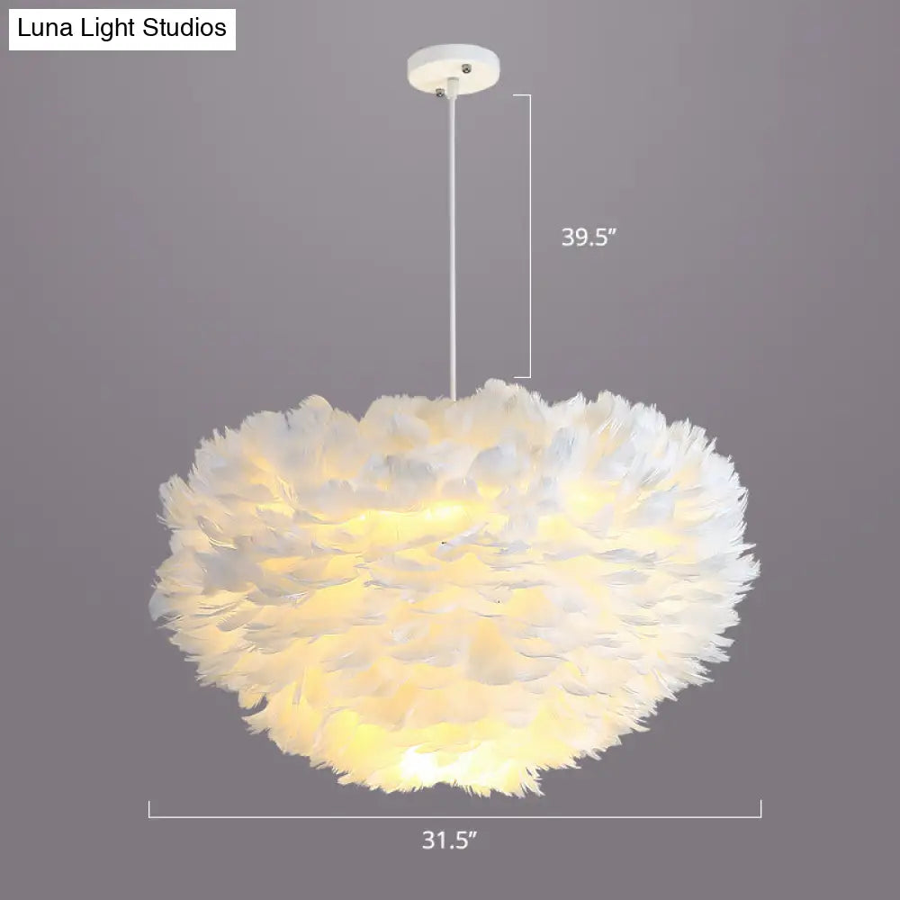 Nordic Style Bedroom Suspension Light Fixture with Feather Dome Pendant Shade