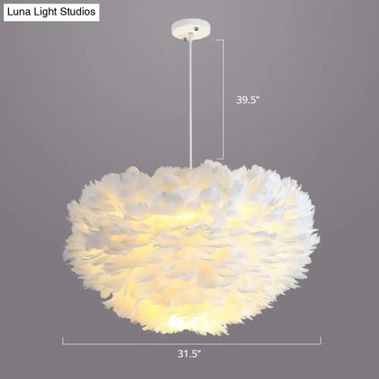 Nordic Style Bedroom Suspension Light Fixture with Feather Dome Pendant Shade