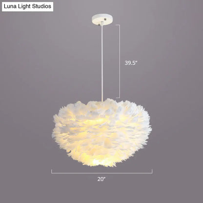 Nordic Style Bedroom Suspension Light Fixture with Feather Dome Pendant Shade