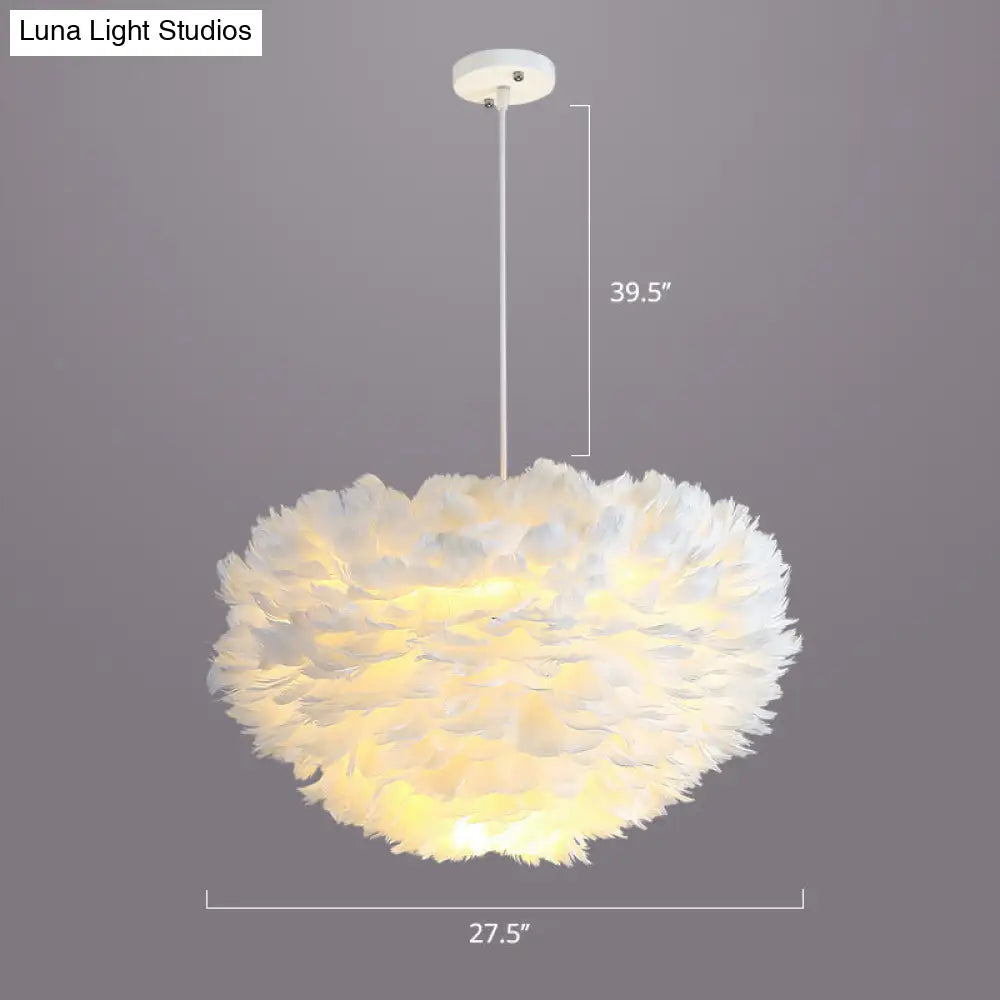 Nordic Style Bedroom Suspension Light Fixture with Feather Dome Pendant Shade