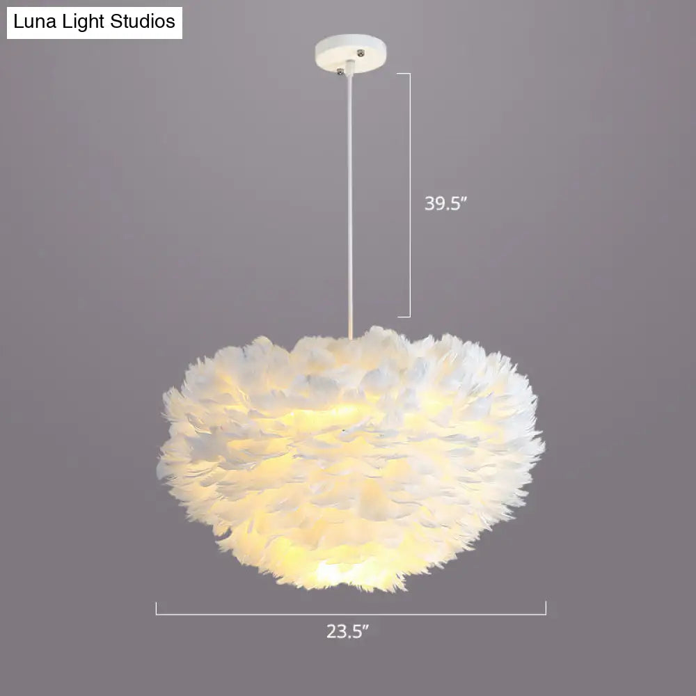 Nordic Style Bedroom Suspension Light Fixture with Feather Dome Pendant Shade