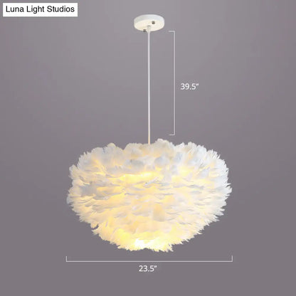 Nordic Style Bedroom Suspension Light Fixture with Feather Dome Pendant Shade