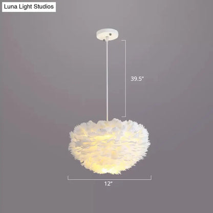 Nordic Style Bedroom Suspension Light Fixture with Feather Dome Pendant Shade