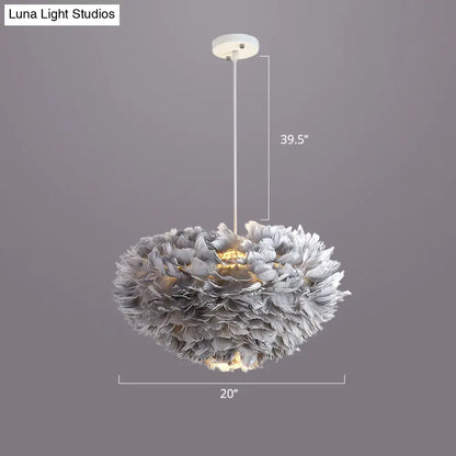 Nordic Style Bedroom Suspension Light Fixture with Feather Dome Pendant Shade