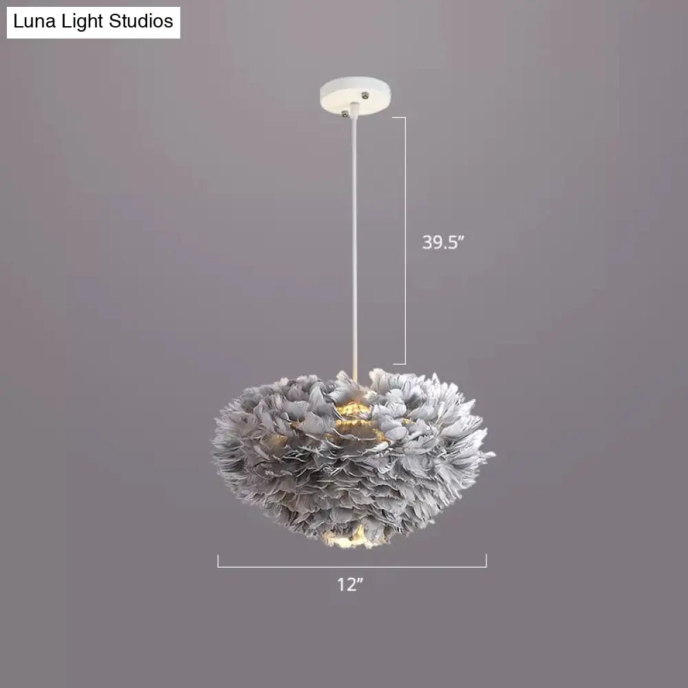 Nordic Style Bedroom Suspension Light Fixture with Feather Dome Pendant Shade