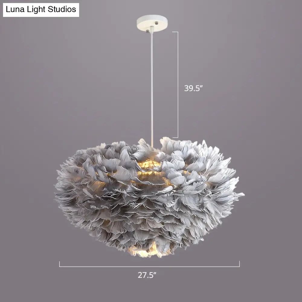 Nordic Style Bedroom Suspension Light Fixture with Feather Dome Pendant Shade