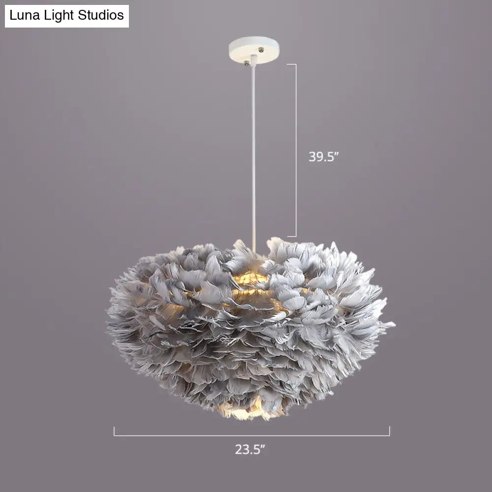 Nordic Style Bedroom Suspension Light Fixture with Feather Dome Pendant Shade