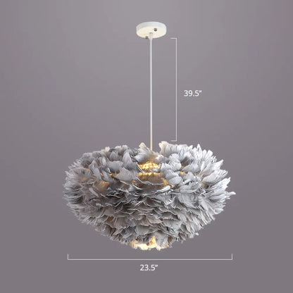 Nordic Style Bedroom Suspension Light Fixture with Feather Dome Pendant Shade