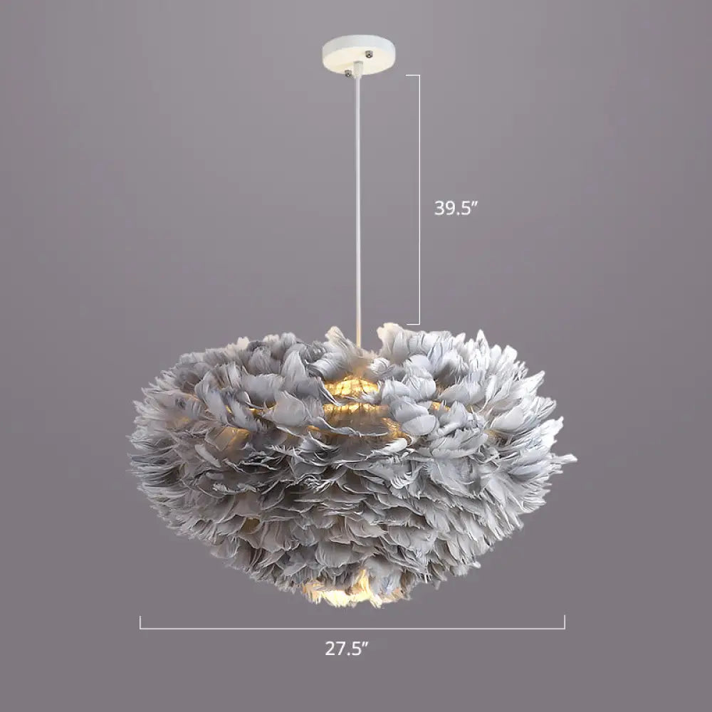 Nordic Style Bedroom Suspension Light Fixture with Feather Dome Pendant Shade