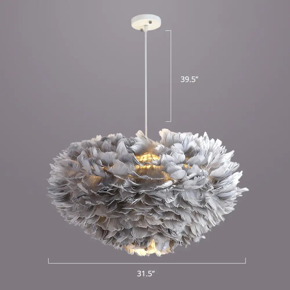 Nordic Style Bedroom Suspension Light Fixture with Feather Dome Pendant Shade