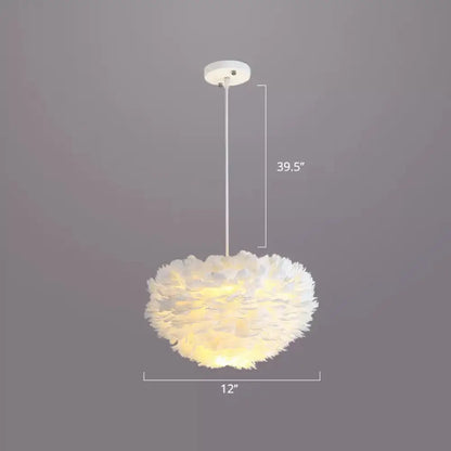 Nordic Style Bedroom Suspension Light Fixture with Feather Dome Pendant Shade