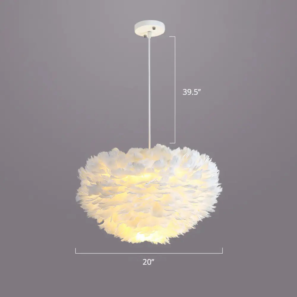 Nordic Style Bedroom Suspension Light Fixture with Feather Dome Pendant Shade