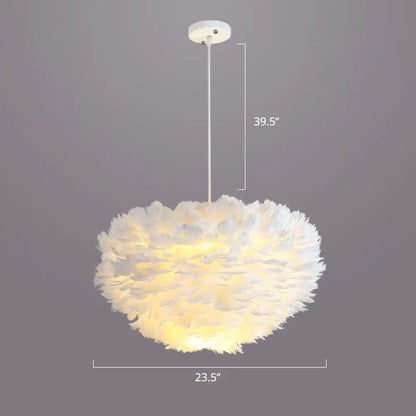 Nordic Style Bedroom Suspension Light Fixture with Feather Dome Pendant Shade