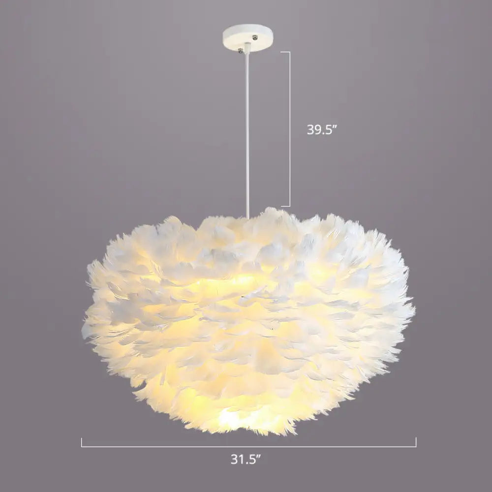 Nordic Style Bedroom Suspension Light Fixture with Feather Dome Pendant Shade