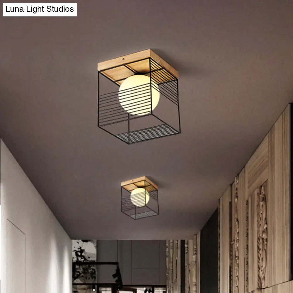 DecorBites™ DecorBites™ Nordic Style Black/White Cubic Ceiling Lamp with Inner Ball Glass Shade and Wood Canopy