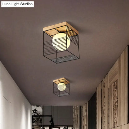 DecorBites™ DecorBites™ Nordic Style Black/White Cubic Ceiling Lamp with Inner Ball Glass Shade and Wood Canopy