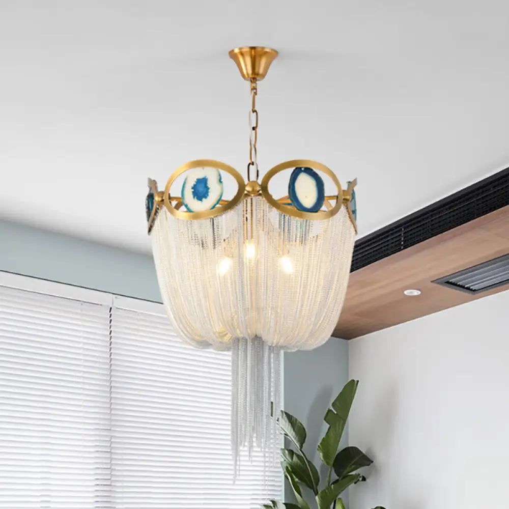 Lámpara de araña de estilo nórdico con cadena metálica estilo imperio - Modernista, dorada, 3 luces - Lámpara colgante