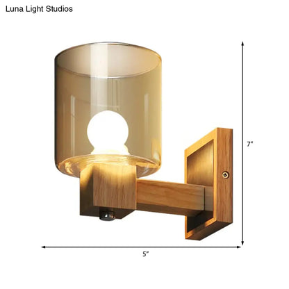 DecorBites™ DecorBites™ Nordic Style Cognac Glass Wall Sconce Fixture - Minimalist Wood 1-Light Cylinder Light