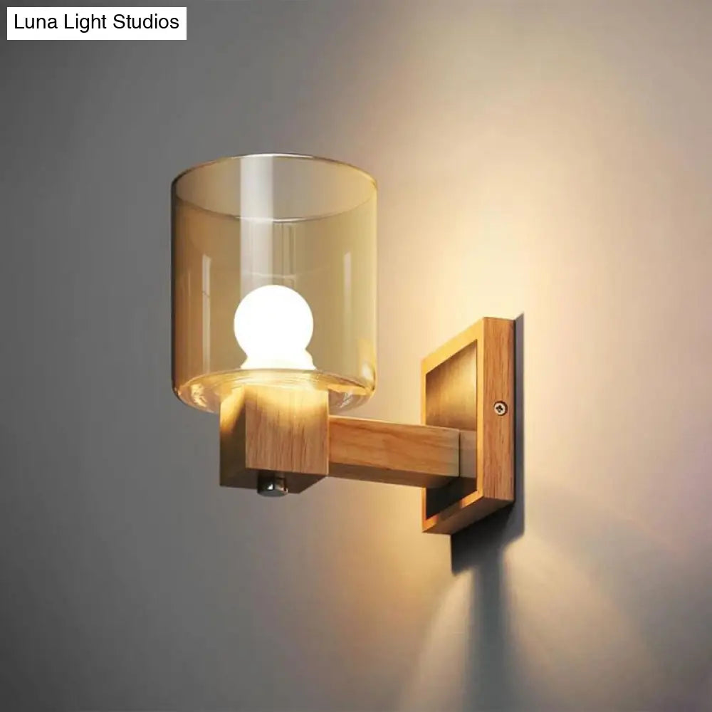 DecorBites™ DecorBites™ Nordic Style Cognac Glass Wall Sconce Fixture - Minimalist Wood 1-Light Cylinder Light