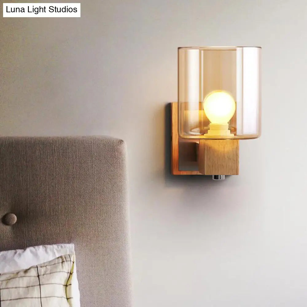 DecorBites™ DecorBites™ Nordic Style Cognac Glass Wall Sconce Fixture - Minimalist Wood 1-Light Cylinder Light