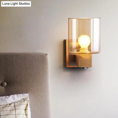 DecorBites™ DecorBites™ Nordic Style Cognac Glass Wall Sconce Fixture - Minimalist Wood 1-Light Cylinder Light