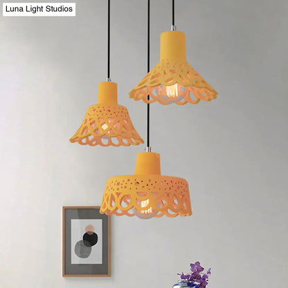 Nordic Style Etched Pendant Lighting: Concrete 1-Light Grey/White/Yellow with Geometric/Bell/Flared Shade