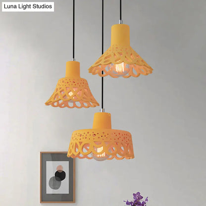 Nordic Style Etched Pendant Lighting: Concrete 1-Light Grey/White/Yellow with Geometric/Bell/Flared Shade