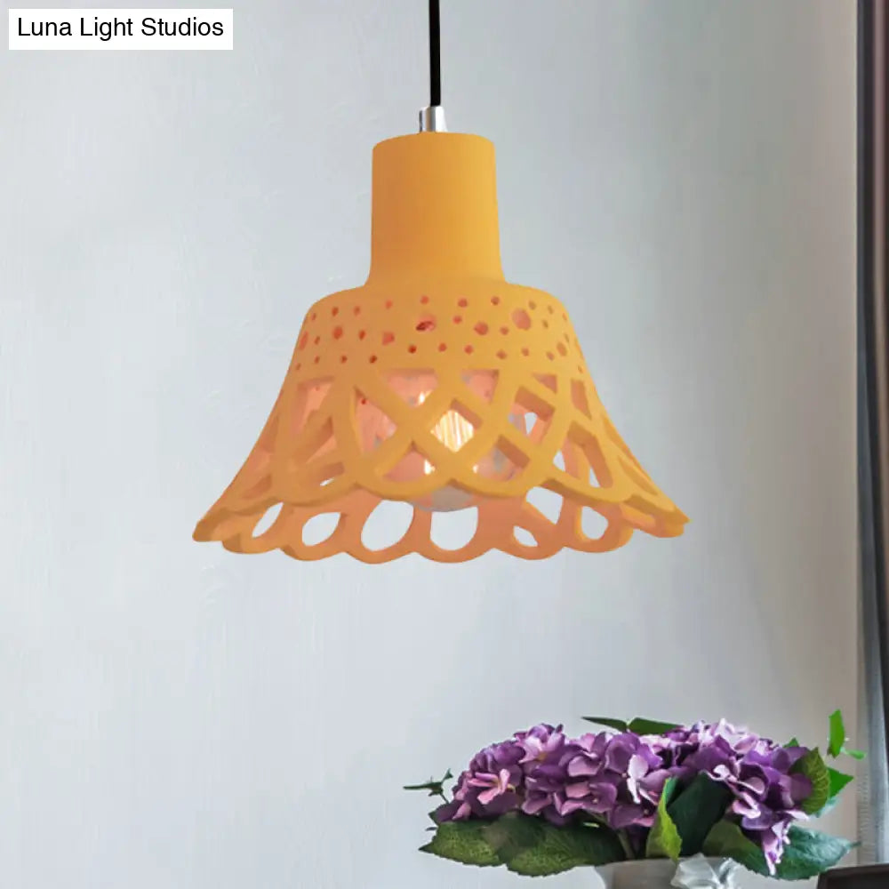 Nordic Style Etched Pendant Lighting: Concrete 1-Light Grey/White/Yellow with Geometric/Bell/Flared Shade