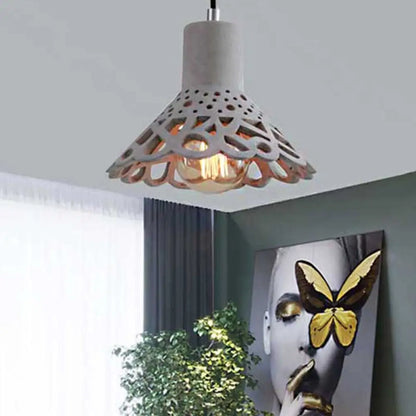 Nordic Style Etched Pendant Lighting: Concrete 1-Light Grey/White/Yellow with Geometric/Bell/Flared Shade