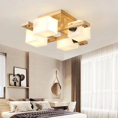 Nordic Style Flush Mount Chandelier with White Glass and Wood Canopy for Living Room Lighting