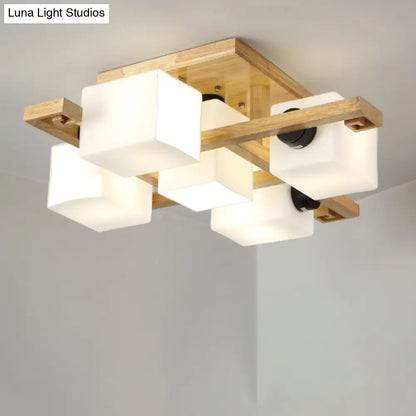 Nordic Style Flush Mount Chandelier with White Glass and Wood Canopy for Living Room Lighting