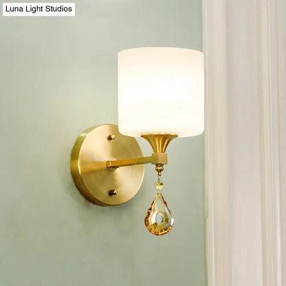 DecorBites™ DecorBites™ Nordic Style Frosted Glass Wall Lamp with Amber Crystal Drop in Brass