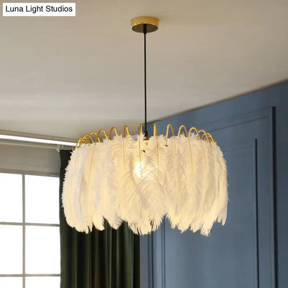 Nordic Style Goose Feather Pendant Lamp - White 1-Bulb Fixture for Bedroom