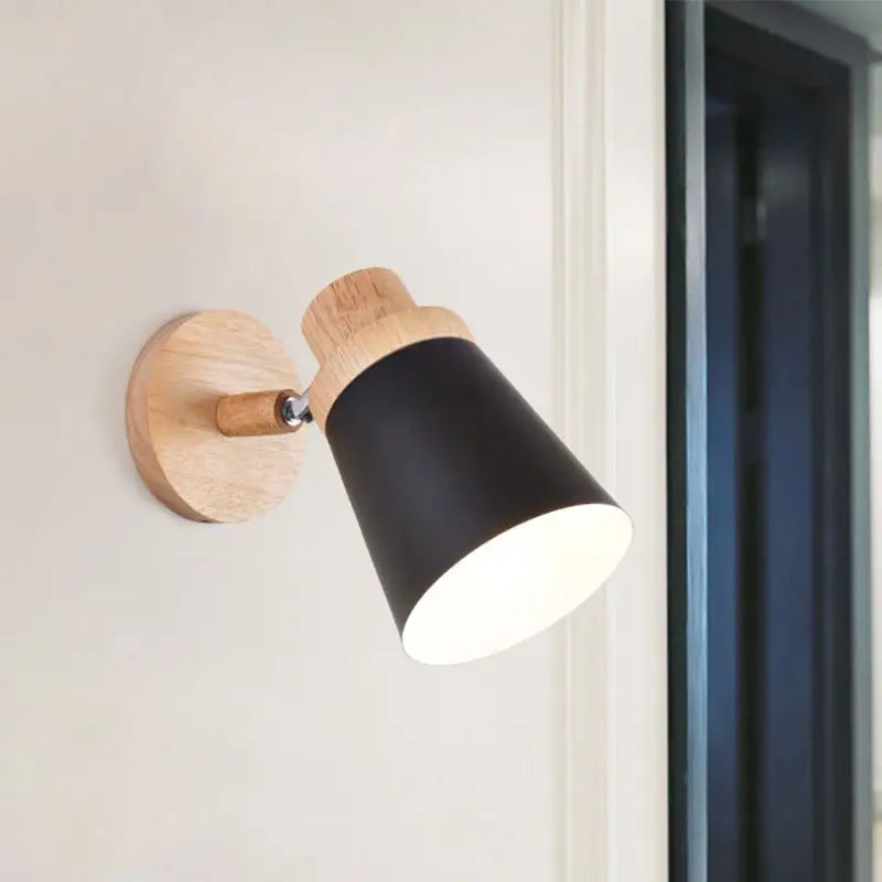 Nordic style gray and wood wall light with black matte coolie shade and natural wood base inch fixture for baby room