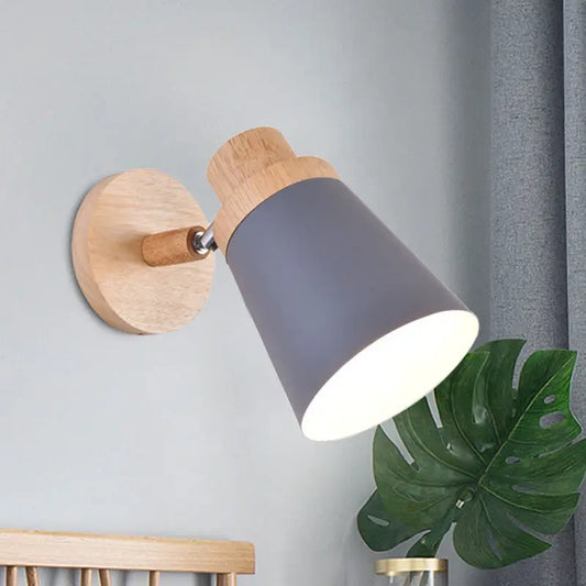 Nordic style gray wall light with coolie shade wood base and adjustable arm ideal for baby room lighting