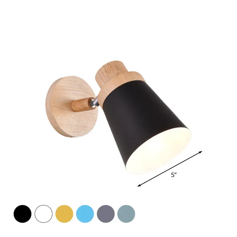 Black matte wall light with natural wood base and adjustable arm featuring gray coolie shade inch fixture for baby room