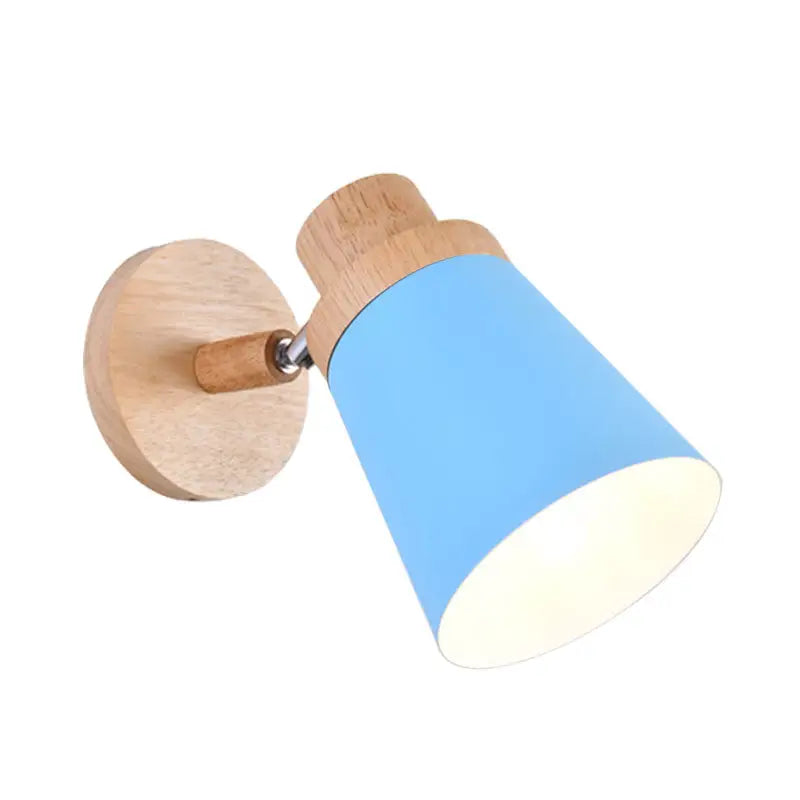 Blue conical wall light with coolie shade and natural wood base 8 inch fixture ideal for baby room decor