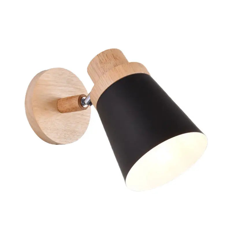 Nordic style gray and wood wall light with black matte finish, natural wood base, adjustable arm, and coolie shade for baby room