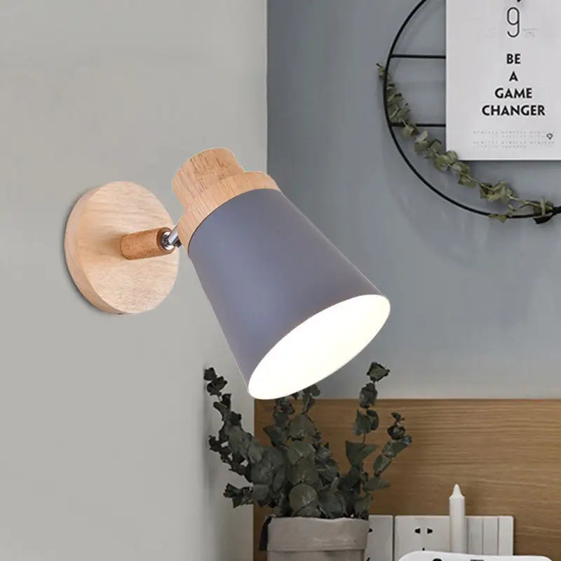Nordic style gray wall light with coolie shade natural wood base adjustable arm inch fixture for baby room
