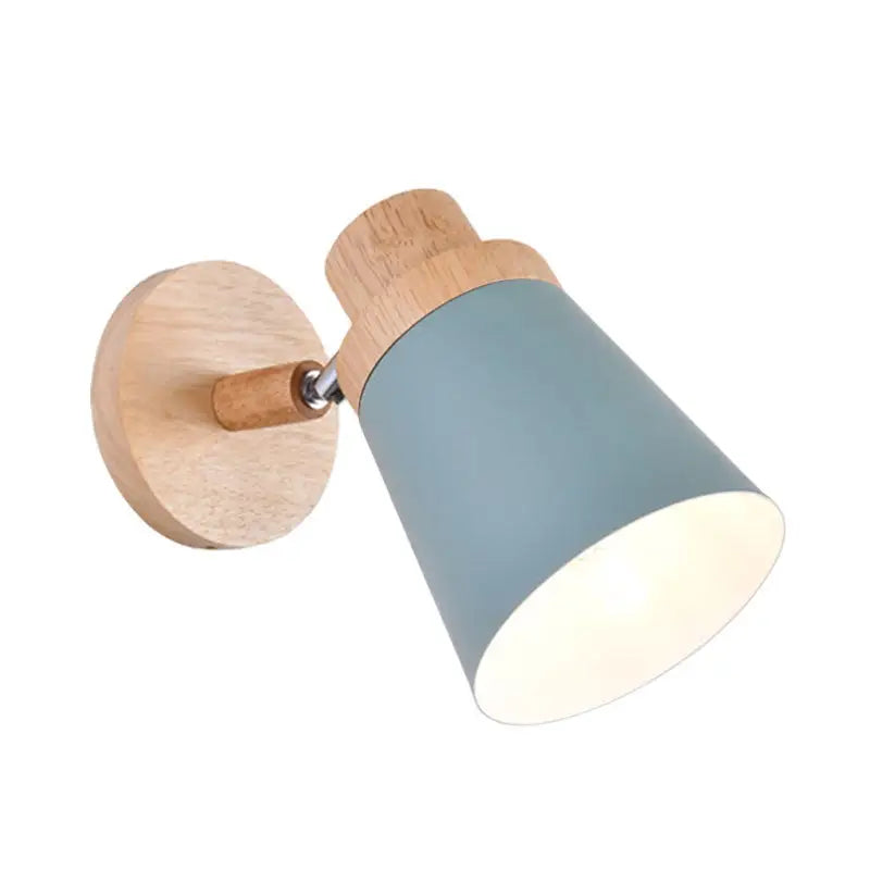 Nordic style wall light with coolie shade in light blue matte finish and wood accents, ideal for baby room inch fixture