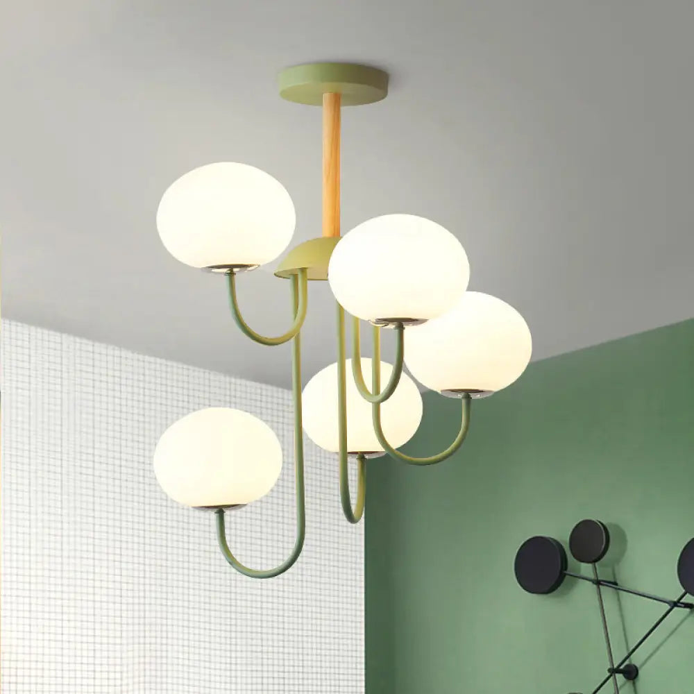 Lámpara de techo estilo nórdico gris/verde con pantalla de cristal blanco en forma de cúpula - 3/5 luces, ideal para salón.