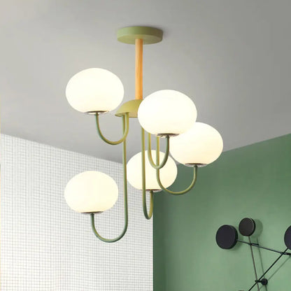 Lámpara de techo estilo nórdico gris/verde con pantalla de cristal blanco en forma de cúpula - 3/5 luces, ideal para salón.