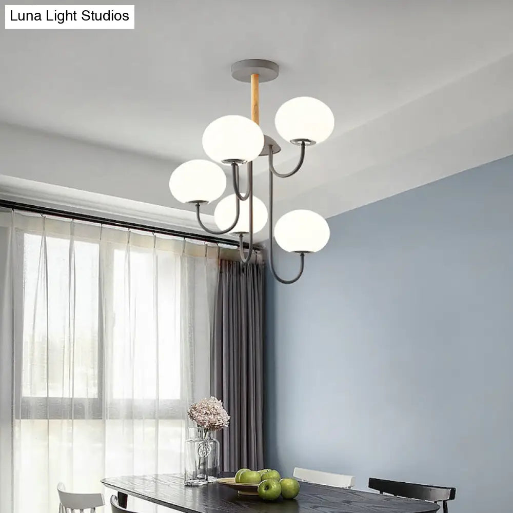 Lámpara de techo estilo nórdico gris/verde con pantalla de cristal blanco en forma de cúpula - 3/5 luces, ideal para salón.